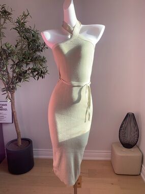 Light Green Halter Knit Bodycon Midi Dress Backless